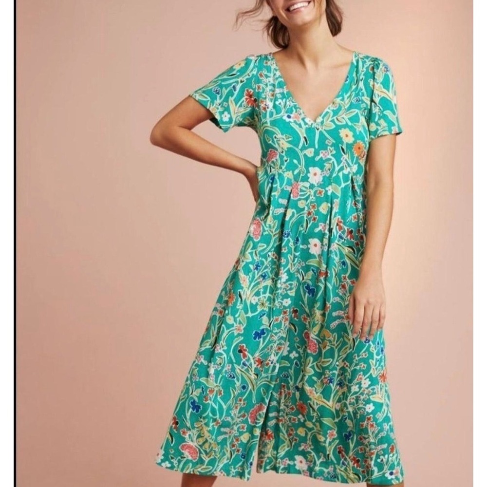 Floret Loved by Anthropologie Green Floral V-Neck Midi Dress Short Sleeve Small‎